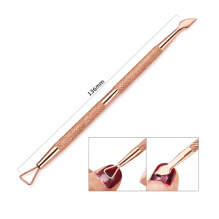 Rose gold double-ended cuticle care tool, 136mm, with angled precision scraper tip, triangle loop end and close-up detail