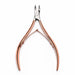 Rose gold cuticle nipper with stainless steel blades on light grey background