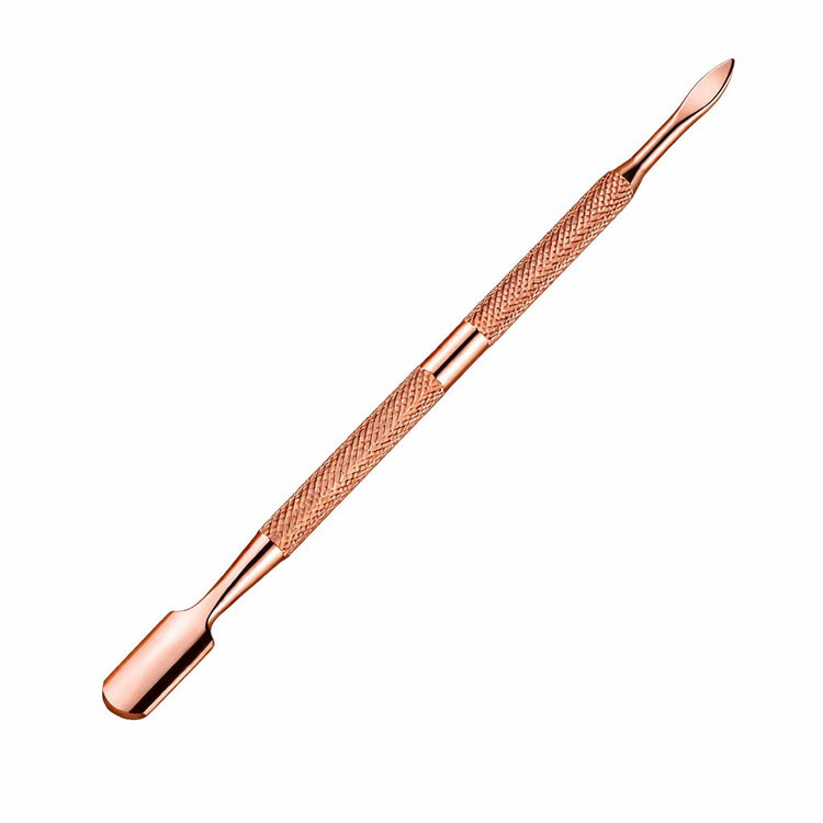 Rose gold double-ended cuticle pusher nail tool with wide flat pusher end, fine precision tip and textured grip handle