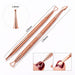 Rose gold nail tool set with a 1.8 mm dotting tool and a double-ended scraper and loop tool, shown with measurements and usage examples