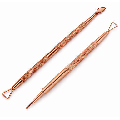 Rose gold nail tool set with a double-ended scraper and loop tool plus a matching dotting and detail tool