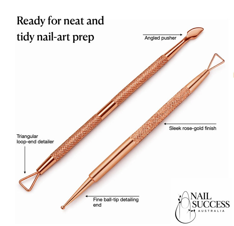 Rose gold nail art tool set with angled pusher, triangular loop-end detailer and fine ball-tip detailing tool
