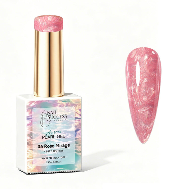 Rose Mirage Aurora Pearl Gel Polish with rosy pink pearl shimmer swatch and glossy nail finish