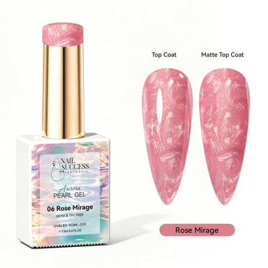 Rose Mirage Aurora Pearl Gel Polish with rosy pink pearl shimmer swatches in top coat and matte finish