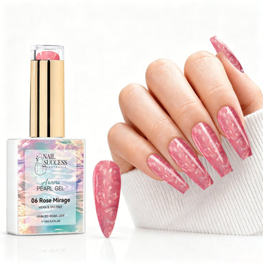 Rose Mirage aurora pearl gel polish with pink rose pearl shimmer swatch and matching manicure for HEMA and TPO free salon nails