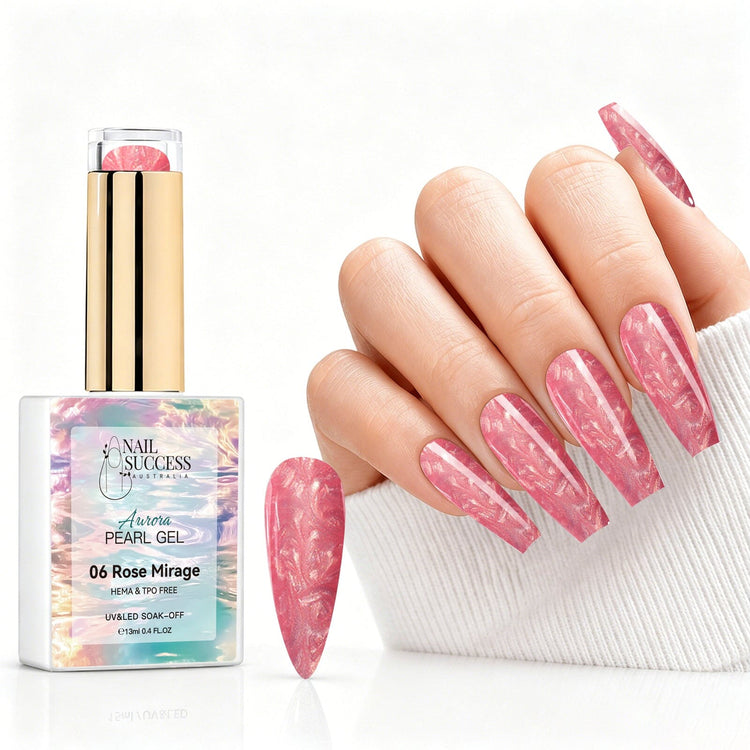 Rose Mirage aurora pearl gel polish with pink rose pearl shimmer swatch and matching manicure for HEMA and TPO free salon nails