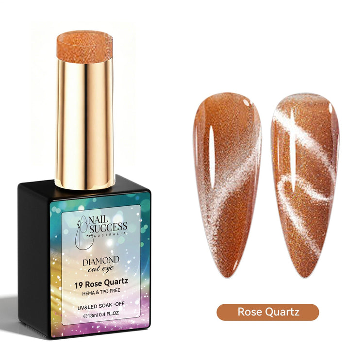 Rose Quartz Diamond Cat Eye Gel Polish with bronze rose magnetic shimmer swatches and glossy finish