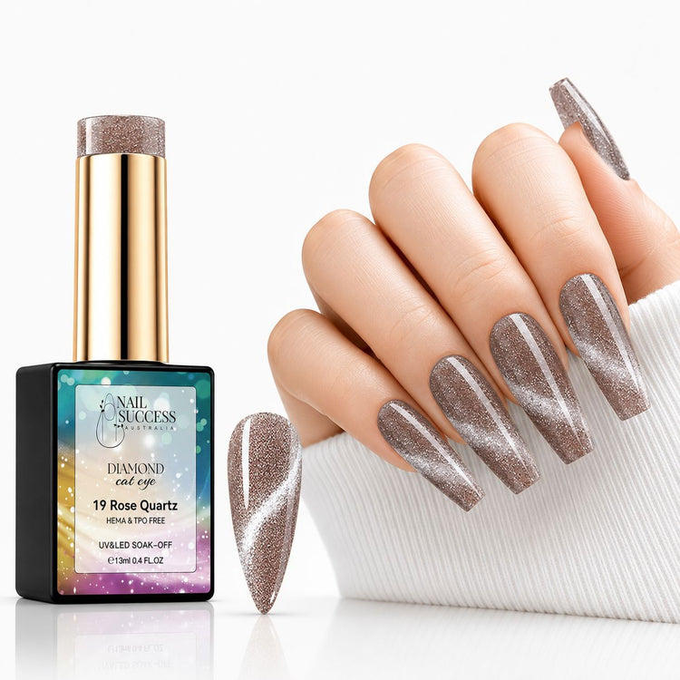 Rose Quartz HEMA- and TPO-free Diamond Cat Eye Gel Polish with matching rose-gold magnetic manicure and nail swatch – Nail Success Australia