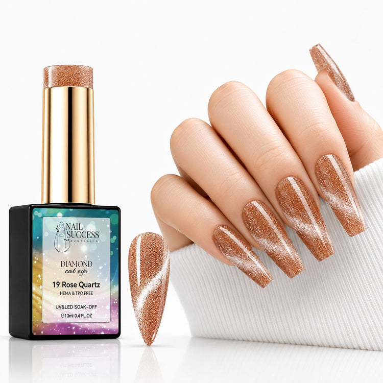 Rose Quartz HEMA- and TPO-free Diamond Cat Eye Gel Polish with matching rose-gold magnetic manicure and nail swatch – Nail Success Australia