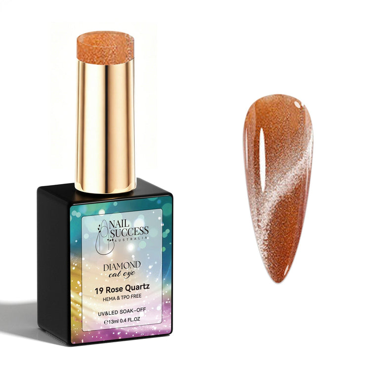 Rose Quartz Diamond Cat Eye Gel Polish with bronze rose shimmer swatch and glossy magnetic finish