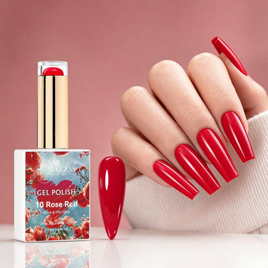 NSI Australia Rose Red gel polish with glossy rose red manicure and swatch, shade 10
