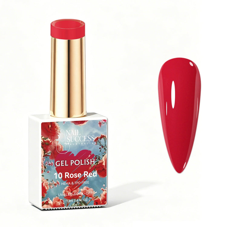 Nail Success Australia Rose Red gel polish bottle with glossy red nail colour swatch