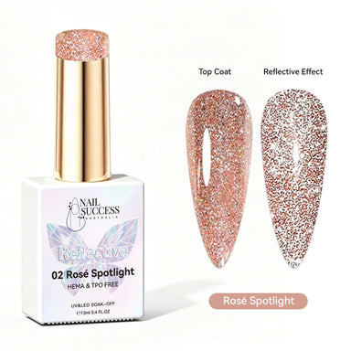 Nail Success Australia Rosé Spotlight reflective glitter gel polish with top coat and reflective effect swatches