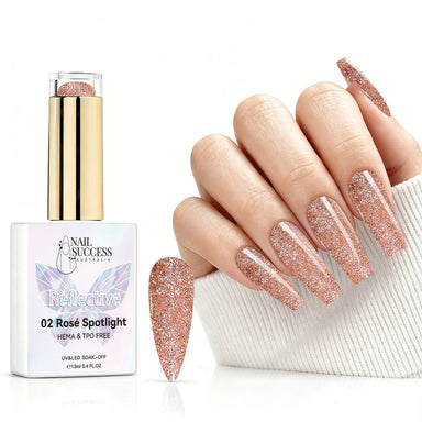 Rosé Spotlight reflective gel polish with rose gold glitter swatch and matching manicure for HEMA and TPO free salon nails