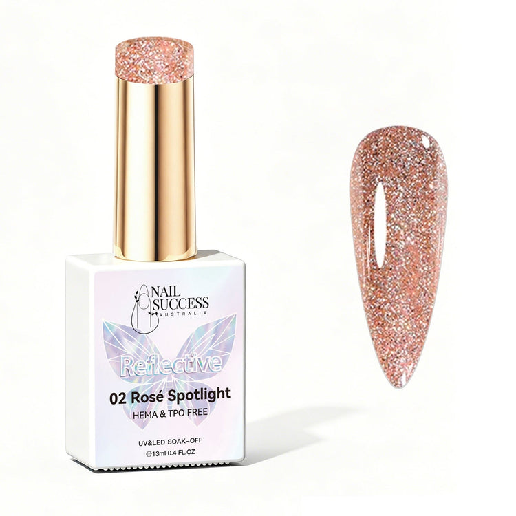 Nail Success Australia Rosé Spotlight reflective glitter gel polish bottle with glossy rose gold nail colour swatch