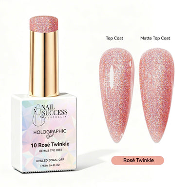 Nail Success Australia Rosé Twinkle holographic gel polish with top coat and matte top coat swatches