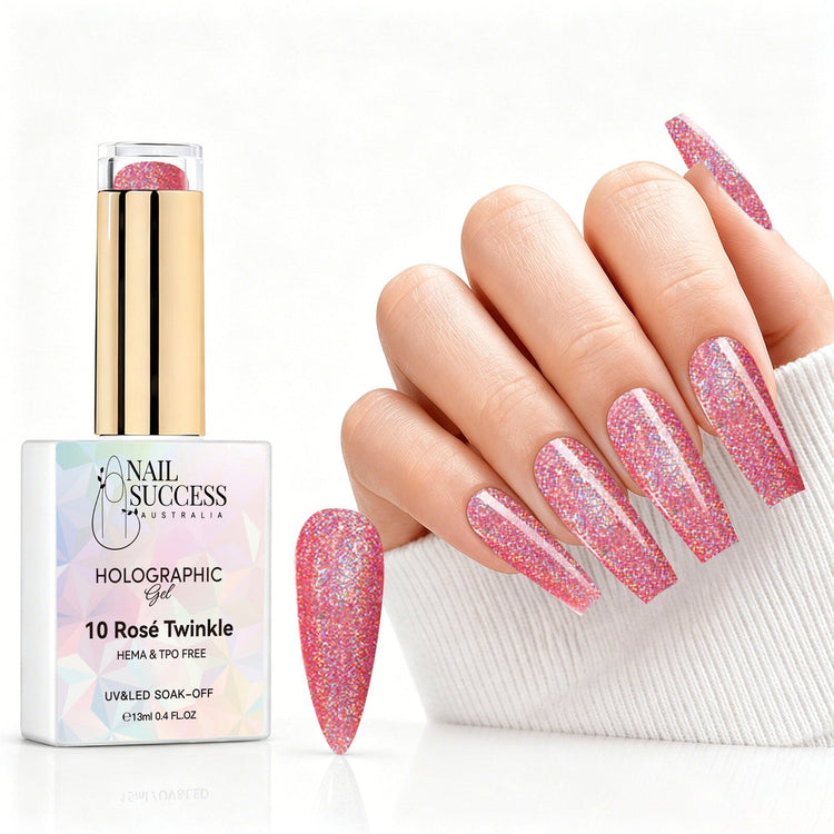 Rosé Twinkle holographic gel polish with rose pink glitter swatch and matching manicure for HEMA and TPO free salon nails