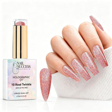 Rosé Twinkle holographic gel polish with rose pink glitter swatch and matching manicure for HEMA and TPO free salon nails