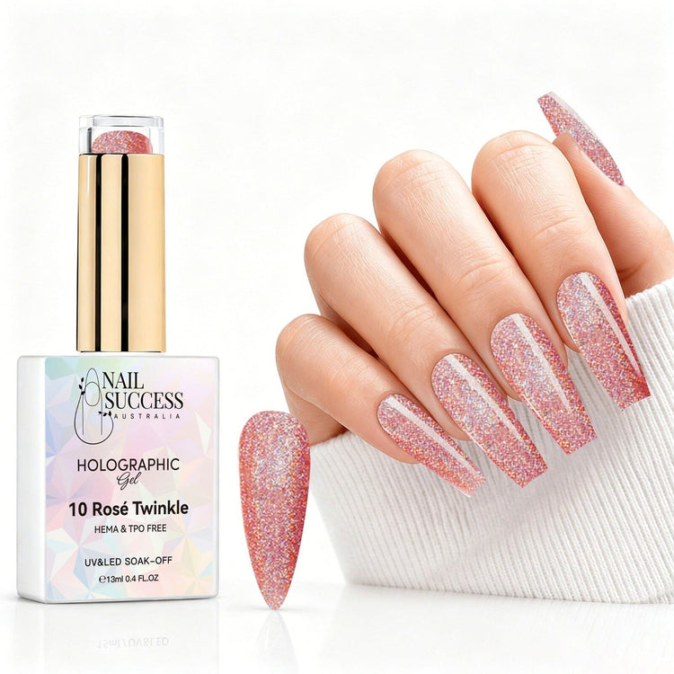 Rosé Twinkle holographic gel polish with rose pink glitter swatch and matching manicure for HEMA and TPO free salon nails