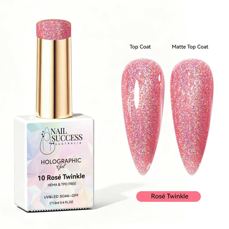 Nail Success Australia Rosé Twinkle holographic gel polish with top coat and matte top coat swatches