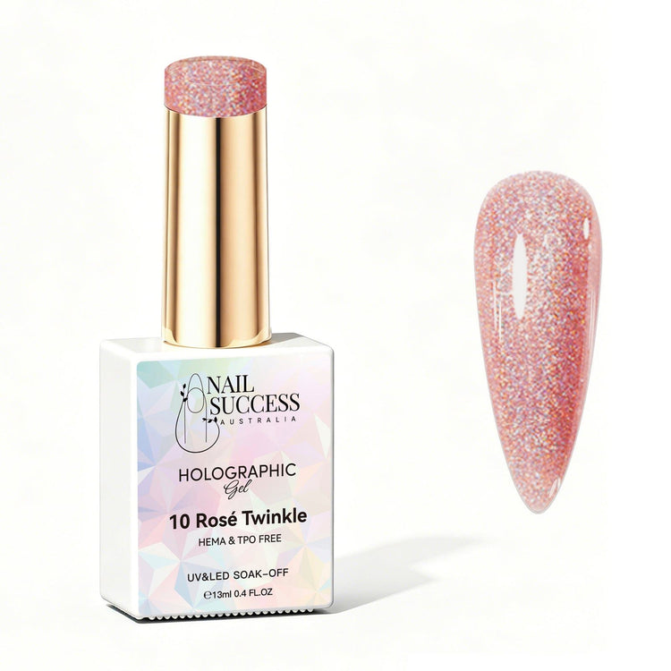Nail Success Australia Rosé Twinkle holographic gel polish bottle with glossy rose pink holographic nail colour swatch