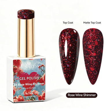 Nail Success Australia Rose Wine Shimmer glitter gel polish with glossy and matte nail colour swatches