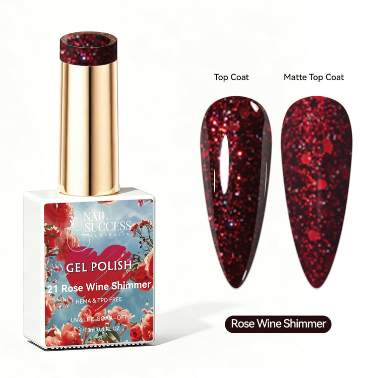 Nail Success Australia Rose Wine Shimmer glitter gel polish with glossy and matte nail colour swatches