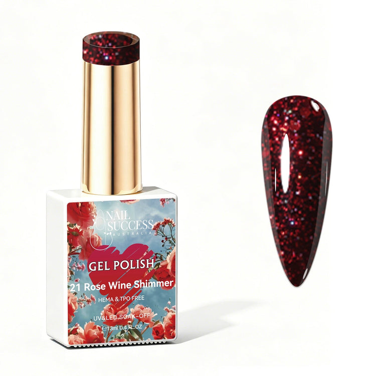 Nail Success Australia Rose Wine Shimmer glitter gel polish bottle with glossy nail colour swatch