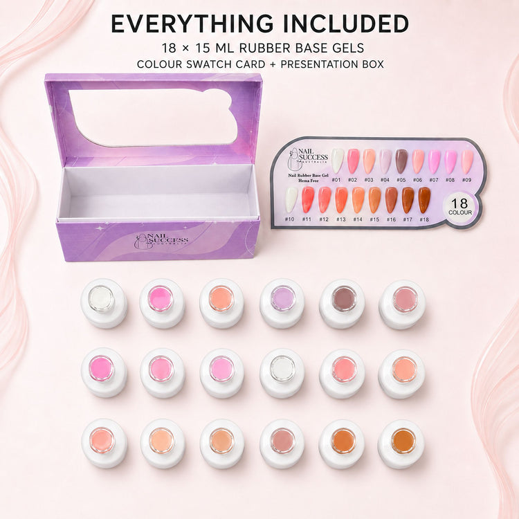 Rubber Base Gel Collection Kit - everything included - 18 gels, swatch card and box