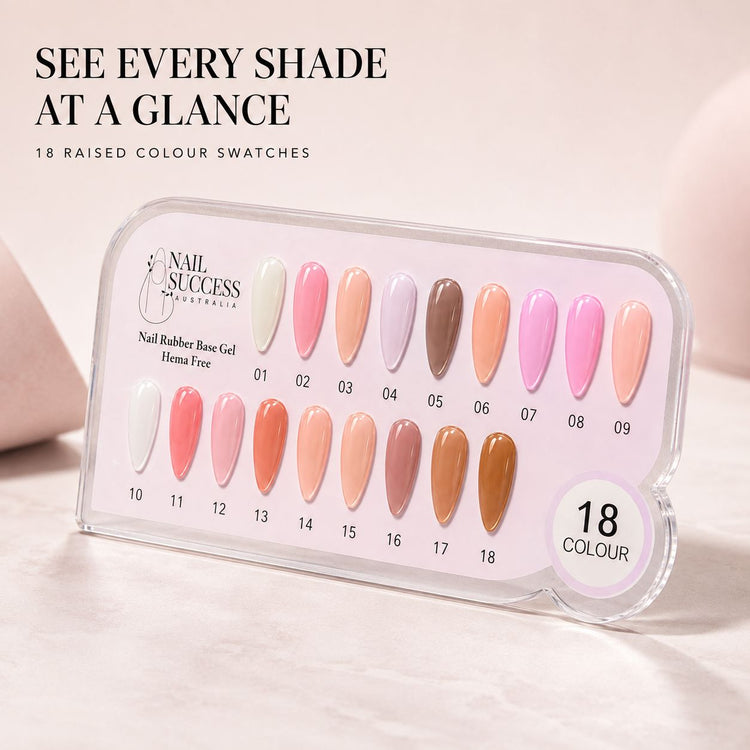 Rubber Base Gel Colour Chart Card - angled display, 18 raised colour swatches