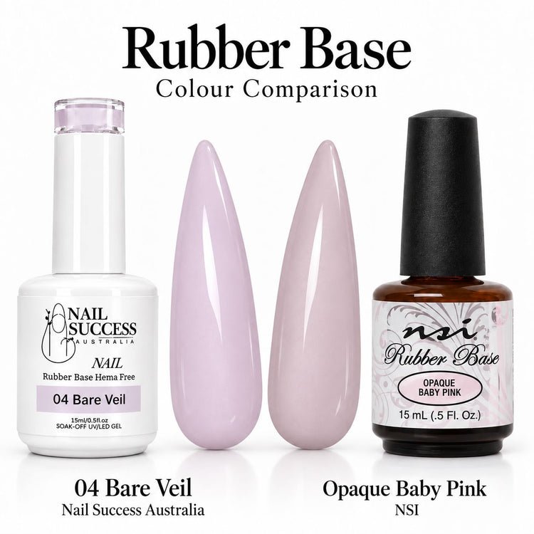 Rubber Base colour comparison, Nail Success Australia 04 Bare Veil beside NSI Opaque Baby Pink, shown on almond nail swatches