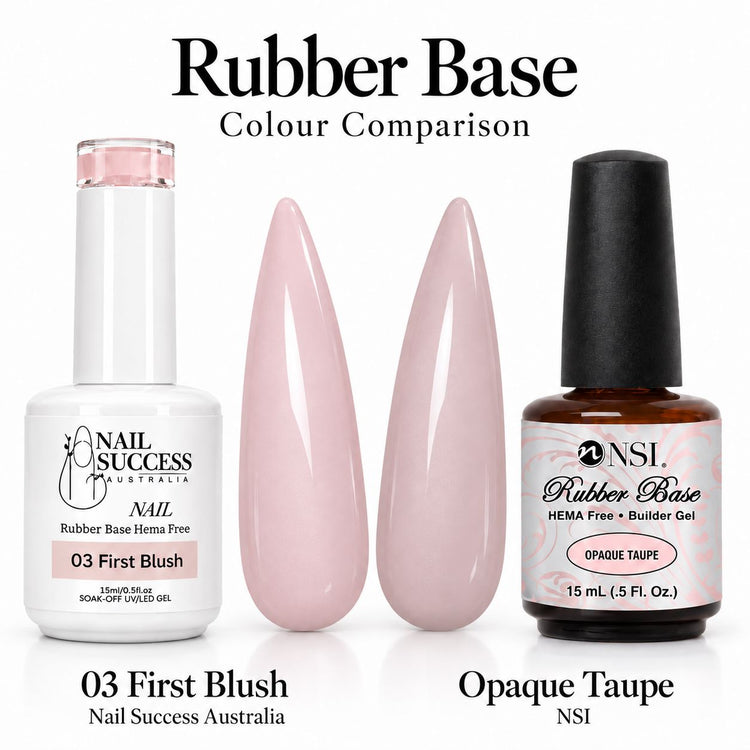 Rubber Base colour comparison, Nail Success Australia 03 First Blush beside NSI Opaque Taupe, shown on almond nail swatches