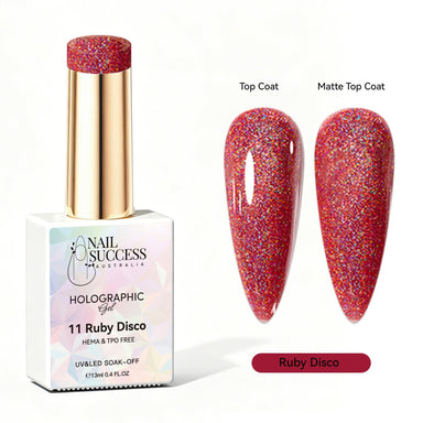Nail Success Australia Ruby Disco holographic gel polish with top coat and matte top coat swatches