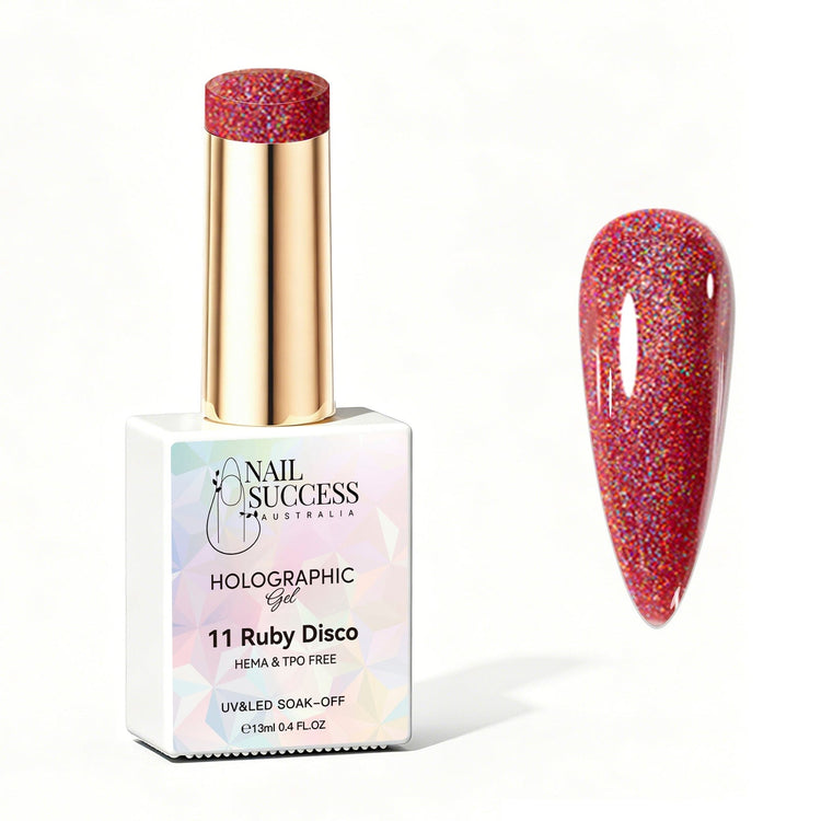 Nail Success Australia Ruby Disco holographic gel polish bottle with glossy ruby red holographic nail colour swatch