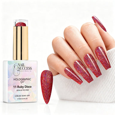 Ruby Disco holographic gel polish with red glitter swatch and matching manicure for HEMA and TPO free salon nails