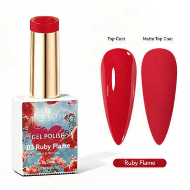Nail Success Australia Ruby Flame red gel polish with glossy and matte red nail colour swatches