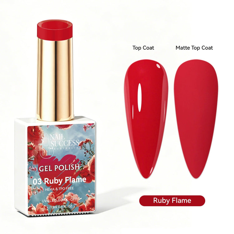 Nail Success Australia Ruby Flame red gel polish with glossy and matte red nail colour swatches