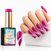 Nail Success Ruby Fuchsia 05 cat eye gel polish with matching swatch and bright pink coffin nails featuring silver shimmer bands.
