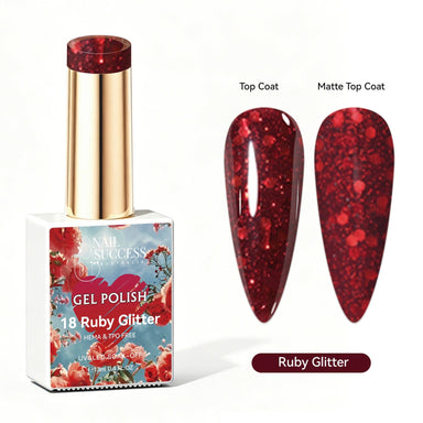 Nail Success Australia Ruby Glitter red glitter gel polish with glossy and matte nail colour swatches
