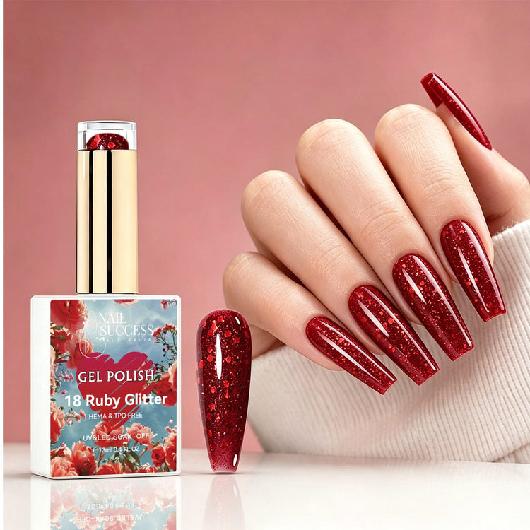NSI Australia Ruby Glitter deep red glitter gel polish with glossy sparkling manicure and swatch, shade 18