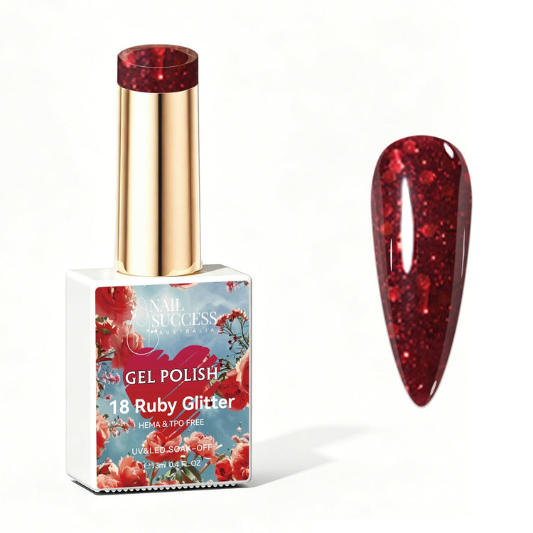 Nail Success Australia Ruby Glitter red glitter gel polish bottle with glossy nail colour swatch