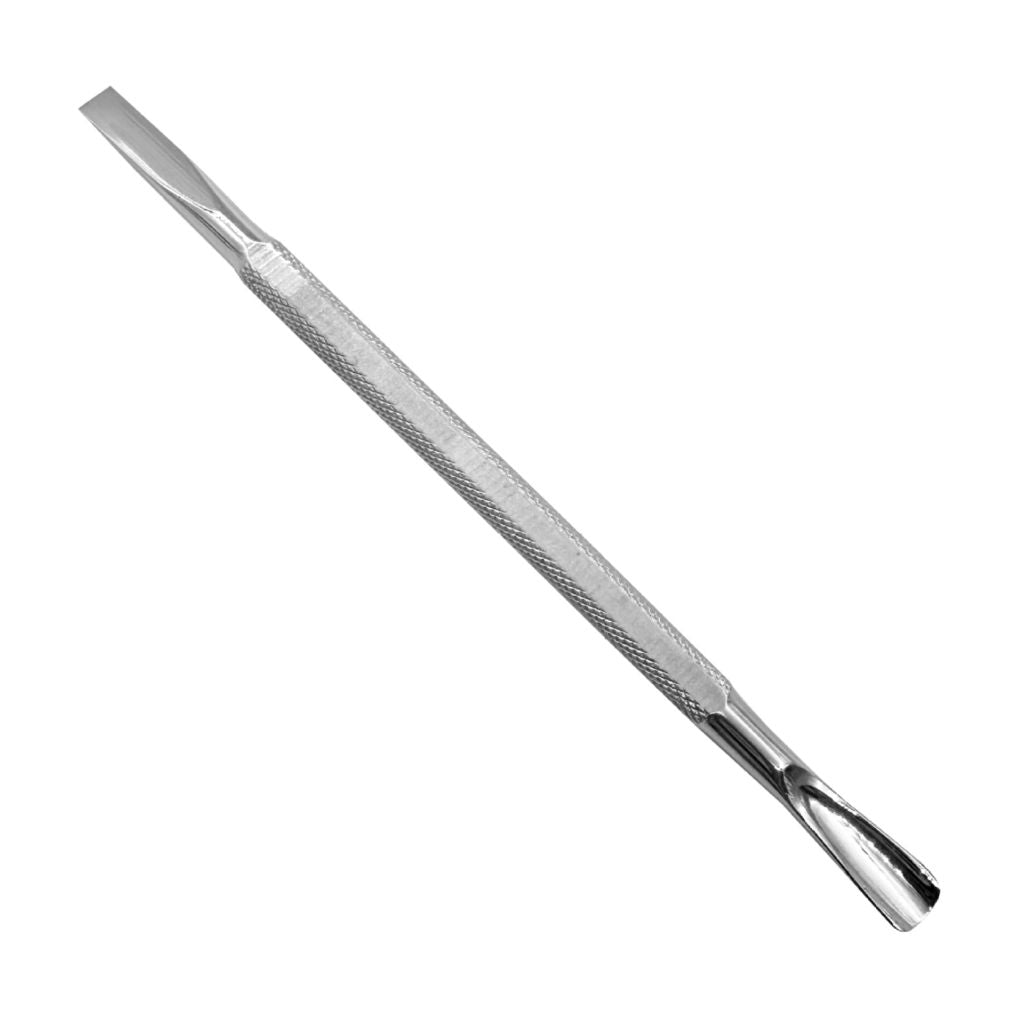 NSI Australia Russian cuticle pusher — double-ended stainless steel manicure tool with spoon and flat tips, textured grip