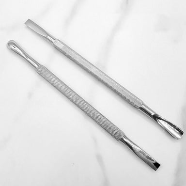 NSI Australia stainless steel cuticle pushers — set of two double-ended Russian manicure tools with flat and spoon tips and textured grips