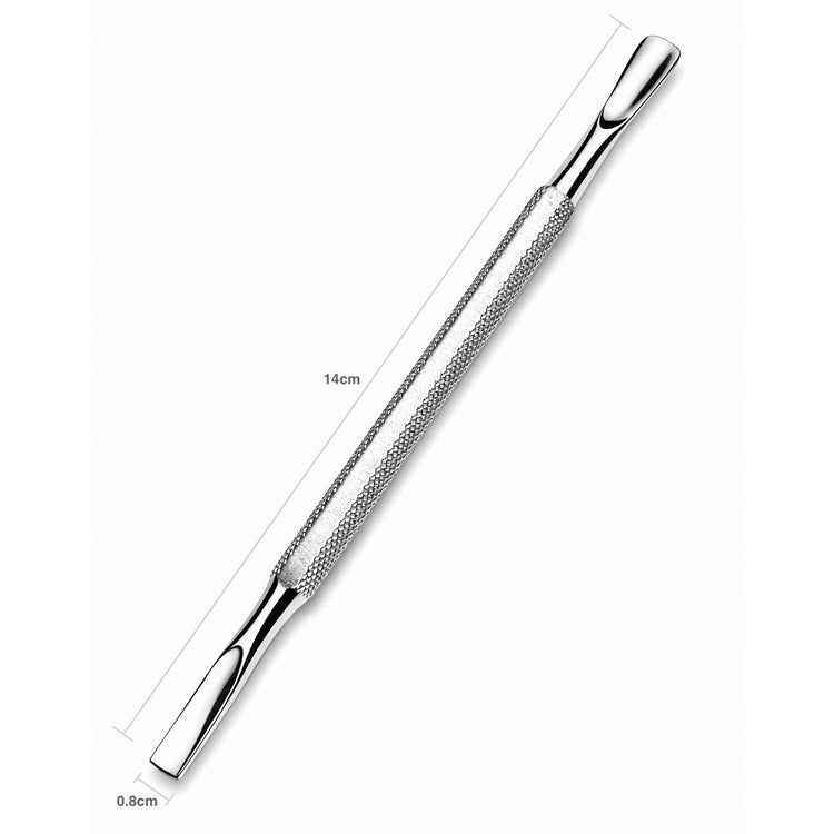 Stainless steel cuticle pusher with rounded pusher end and flat scraper tip, 14 cm long and 0.8 cm wide