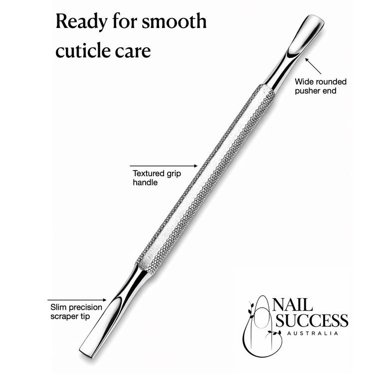 Stainless steel cuticle pusher with wide rounded pusher end, slim precision scraper tip and textured grip handle