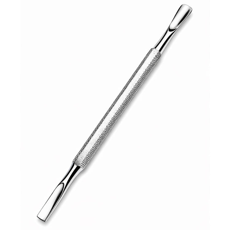 Stainless steel cuticle pusher with rounded pusher end, flat scraper tip and textured grip handle