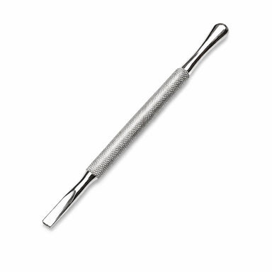 Stainless steel cuticle pusher with rounded pusher end, flat scraper tip and textured grip handle