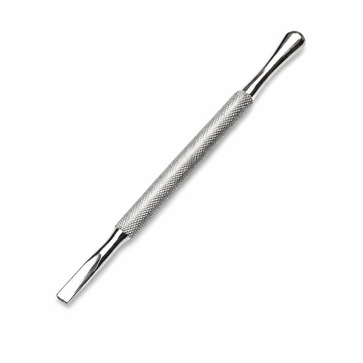 Stainless steel cuticle pusher with rounded pusher end, flat scraper tip and textured grip handle