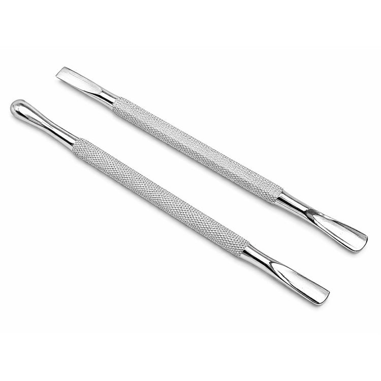 Stainless steel cuticle pusher set with rounded pusher ends, flat scraper tips and textured grip handles