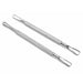 Stainless steel cuticle pusher set with rounded pusher ends, flat scraper tips and textured grip handles